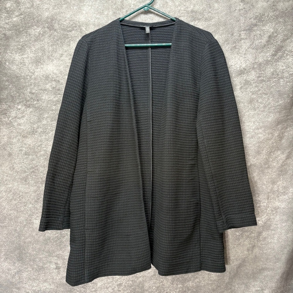 Eileen Fisher Waffle Knit Cardigan Womens M Black Open Front Textured Tencel